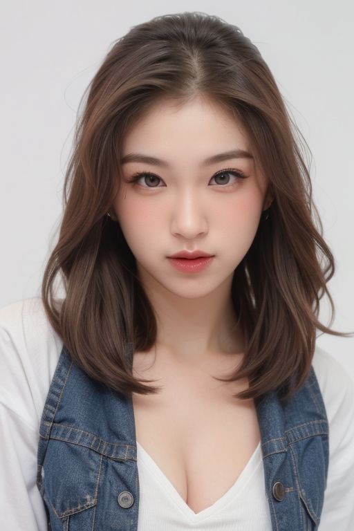 (sport bra, sexy jeans, jacket), collar bone, collar cocker, perfect face shape, (perfect eyes, bright eyes, downing eyes, perfect eyes looking), (fullbody shoot:1.2), {smirk|parted lips}), cleavage, (medium breast:1.2), looking at viewer, (shiny skin, pale skin, clear skin), (messy medium hair : 1.2), focus on face, ((white background, simple background)), (make up, eyelash, blush, red lips), (dinamic pose, profesional model pose, naughty pose)