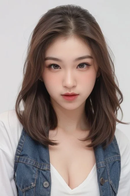 (sport bra, sexy jeans, jacket), collar bone, collar cocker, perfect face shape, (perfect eyes, bright eyes, downing eyes, perfect eyes looking), (fullbody shoot:1.2), {smirk|parted lips}), cleavage, (medium breast:1.2), looking at viewer, (shiny skin, pale skin, clear skin), (messy medium hair : 1.2), focus on face, ((white background, simple background)), (make up, eyelash, blush, red lips), (dinamic pose, profesional model pose, naughty pose)