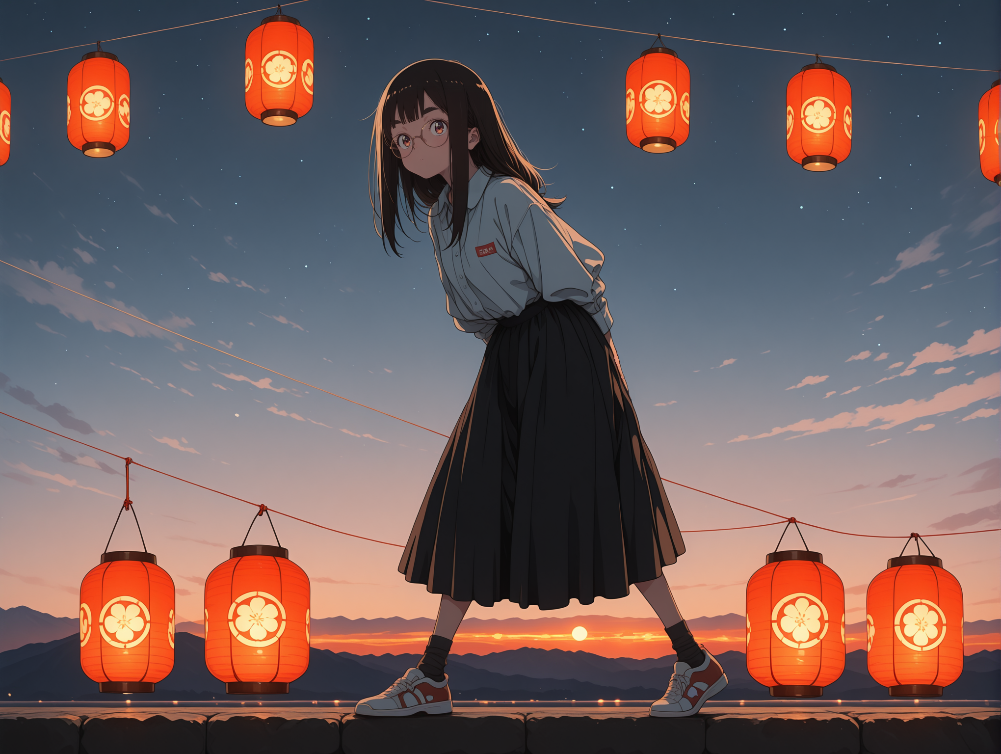masterpiece,best quality,amazing quality, solo, character focus, outlines, line art, flat color, Vintage, 1990s \(style\), anime style, 
         twilight, dark, light,   
1girl,  feathered bangs,        feet, socks,       woven band,    solo, 
dancing mid-move,  
      glasses,  thick eyebrows,    
 skirt, shirt,   
sfw,  
exterior, mountain, hovering lanterns, windy sky, 
 <lora:add-detail-xl:2> <lora:Detailer_NoobAI_Incrs_v1:1> <lora:feet_anime_il_v3:1> <lora:hand 5.5:1> <lora:anime_screencap-Illustrious:0.6> <lora:S4bit4mago:1> S4bit4mago_illu, <lora:OldAnimeStyle_XL_v3:0.2> <lora:re4lity:0.3> re4lity_sync_illu  <lora:MJPA:0.2> MJPA <lora:NijijourneyNoob_byKonan:0.6> <lora:Clean_Chibi_Style:-0.8> <lora:crfjpple878c738ov33g:0.2> ARW