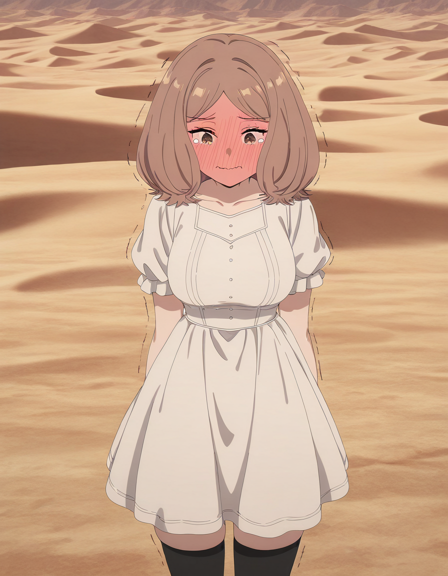 masterpiece, best quality, newest, absurdres, highres, safe,, <lora:mage-edel-s1-illustriousxl-lora-nochekaiser:1>, edel, brown hair, brown eyes, medium hair, medium breasts, anime screencap, thighhighs, dress, black thighhighs, white dress, short sleeves, puffy sleeves, puffy short sleeves, desert, sand, dunes, cacti, heat, , ijimeka (meme), meme, full-face blush, trembling, embarrassed, wavy mouth, tears, tearing up, blush, looking down, cowboy shot, looking at viewer, solo,, cowboy shot, solo