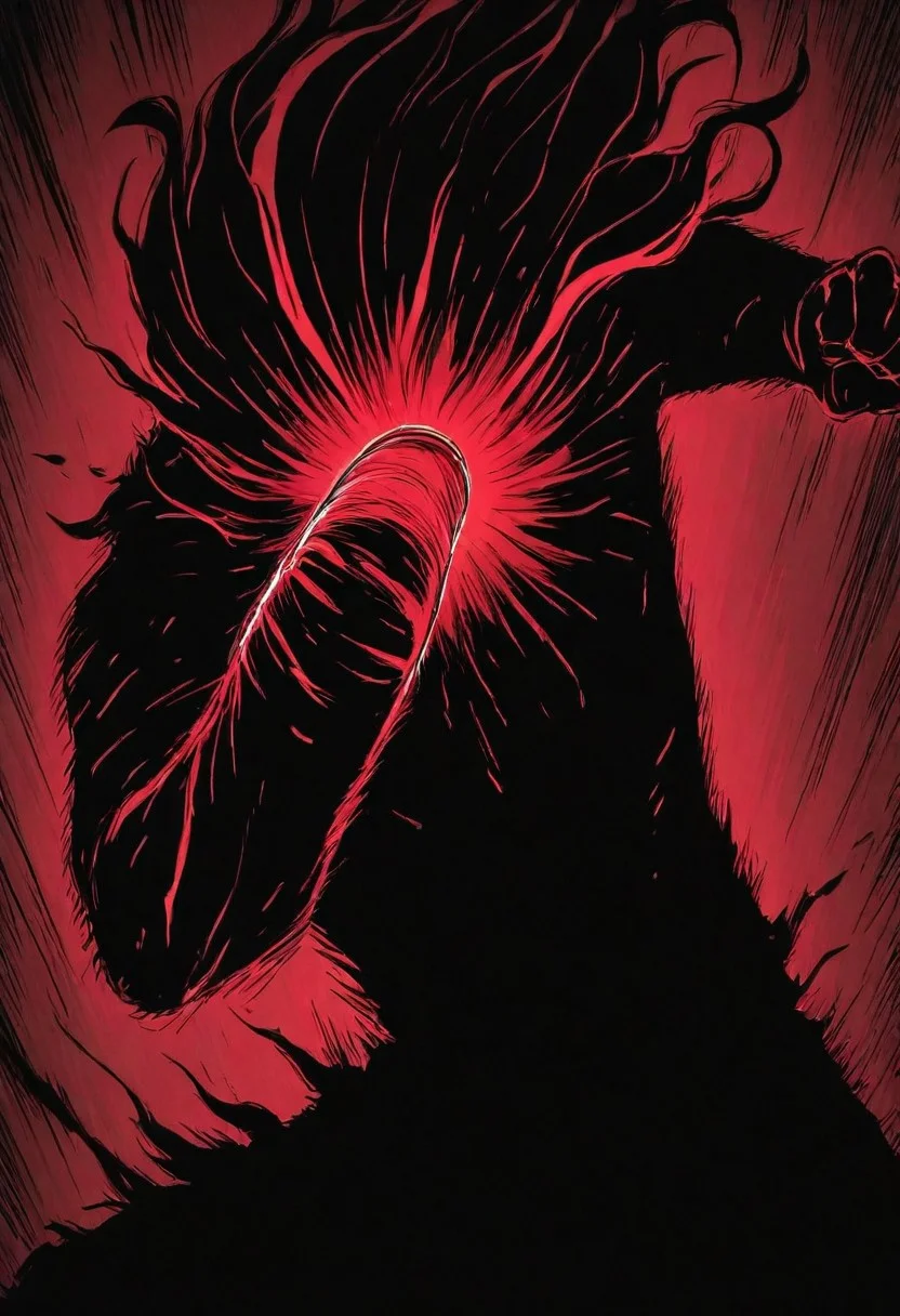 DARK Shadow, gritty, monochrome, fine lines, delivering Punch, high Quality, hyperdetailed, vibrant pastel red colored billowing aura, one-eyed,
