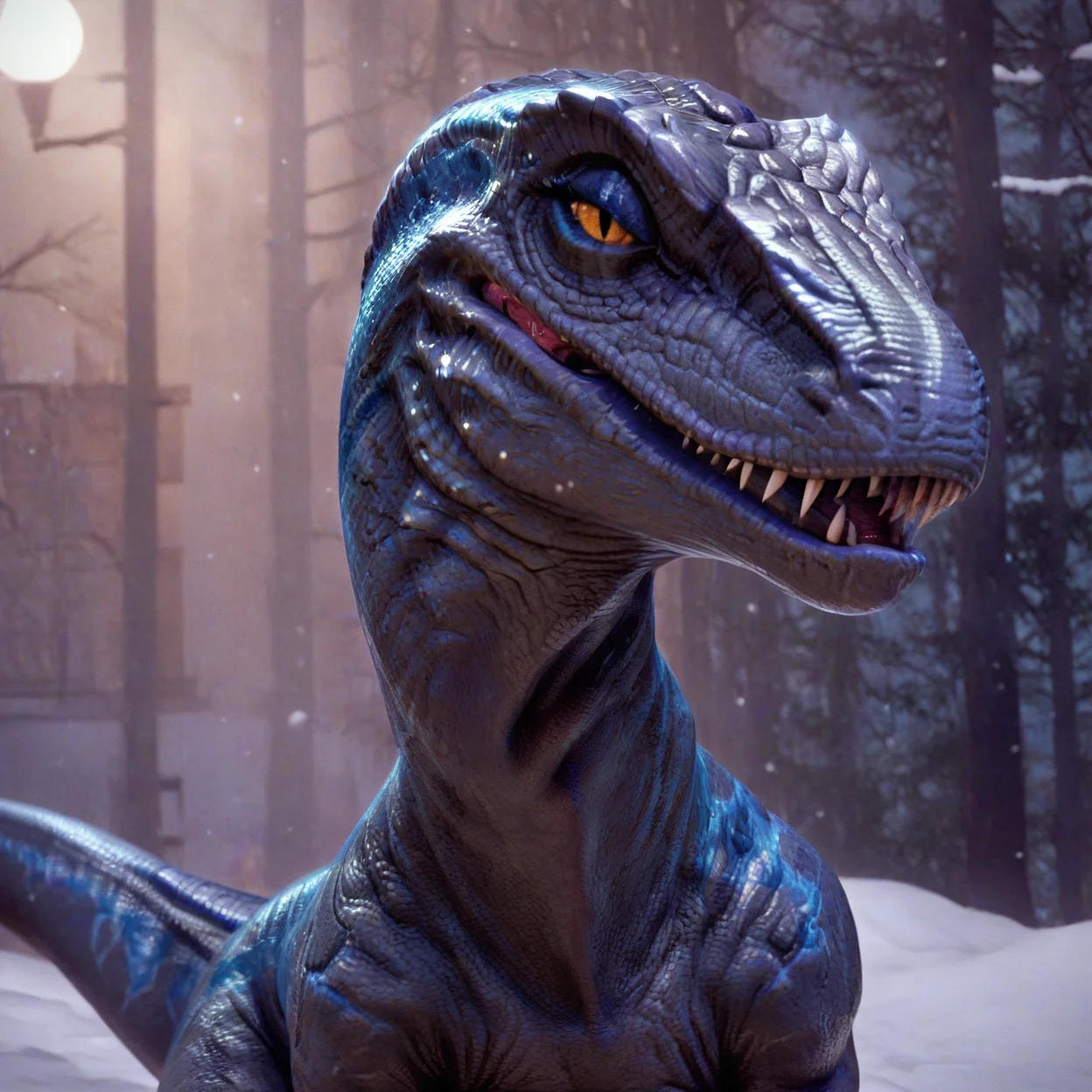<lora:feralraptorxl:0.9>, feralraptorxl, source_furry_feral, solo, raptor, blue (jurassic park), cowboy shot, dark grey body with blue stripe, beautiful, portrait, flat chest, curvy, feminine, lizard tail, bedroom eyes, glistening, scales, seductive, white body, flirtatious, realistic detailed skin, portrait, upper body, dynamic pose, dutch angle, fangs, face focus, mouth focus, looking at viewer, detailed scales, snow, winter, (at night, dark atmosphere:1.3), (open mouth:0.3),
score_9, score_8_up, score_7_up, <lora:add-detail-xl:1.4>, <lora:g0th1cPXL:0.5>, gothic