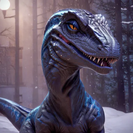 <lora:feralraptorxl:0.9>, feralraptorxl, source_furry_feral, solo, raptor, blue (jurassic park), cowboy shot, dark grey  body with blue stripe, beautiful, portrait, flat chest, curvy, feminine, lizard tail, bedroom eyes, glistening, scales, seductive, white body, flirtatious, realistic detailed skin, portrait, upper body, dynamic pose, dutch angle, fangs, face focus, mouth focus, looking at viewer, detailed scales,  snow, winter, (at night, dark atmosphere:1.3), (open mouth:0.3),
score_9, score_8_up, score_7_up,  <lora:add-detail-xl:1.4>,  <lora:g0th1cPXL:0.5>, gothic