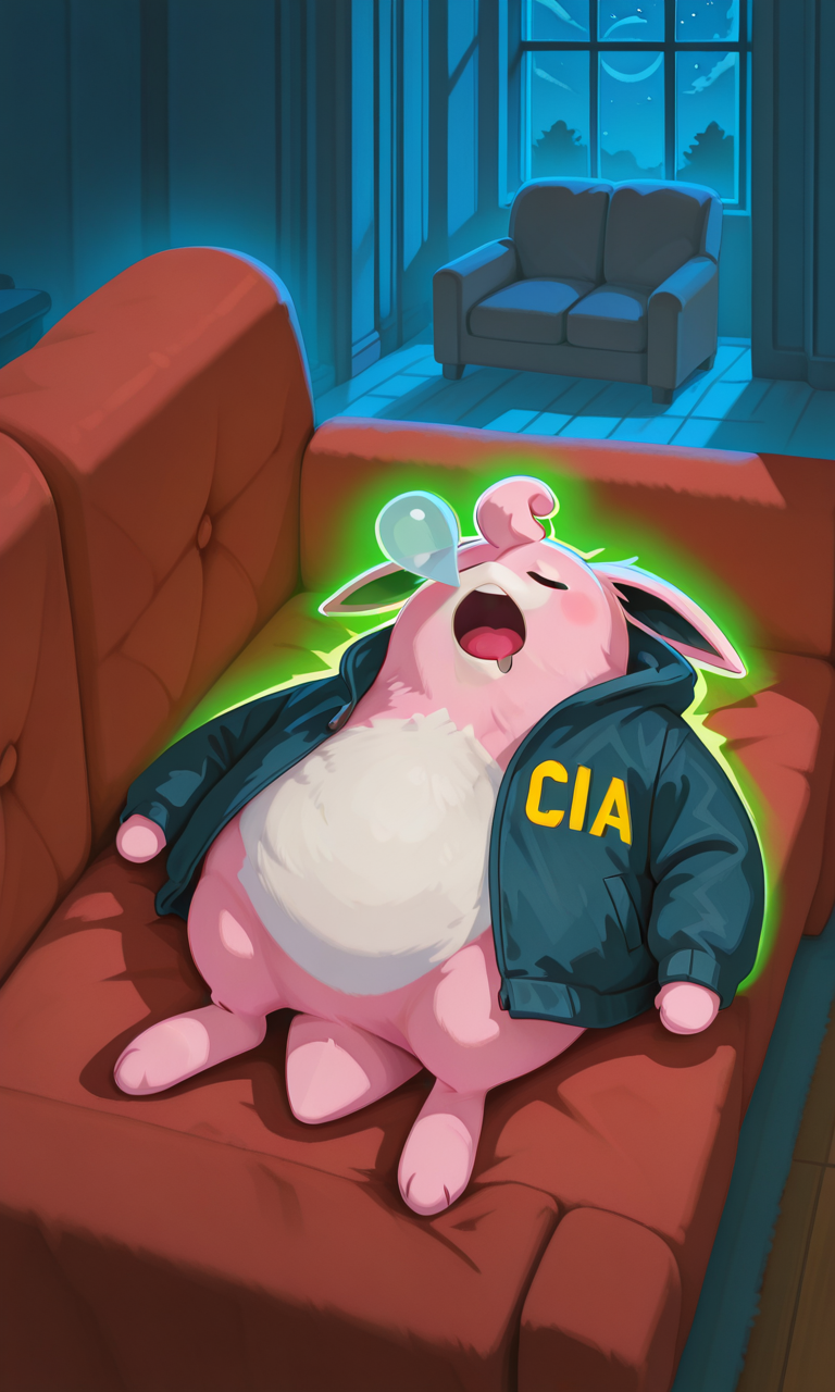 embedding:IllusP0s, g00se, nose bubble, sleeping, drooling, wigglytuff_\(pokemon\), cia jacket, green aura, glowing, no humans, indoors, night, couch, high angle, close-up,<lora:cia_jacket_green_aura.safetensors:1.0:1.0> <lora:g00se_v2_ill.safetensors:0.9:0.9> <lora:nose_bubble_ill.safetensors:1.0:1.0>