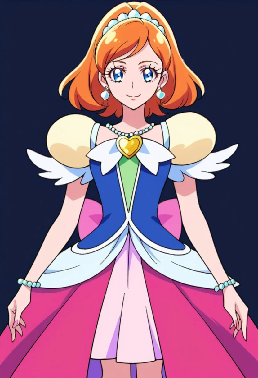 score_9, score_8, score_7, source_anime, pretty cure, 1girl, solo, smile, jewelry, looking at viewer, standing, earrings, dress, skirt, bow