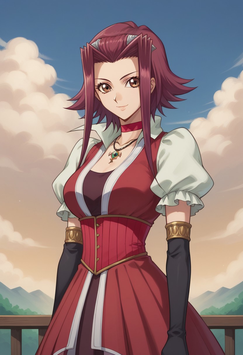 score_9, score_8_up, score_7_up, source_anime, highly detailed, 
akiza, 1girl, solo, gloves, elbow gloves, jewelry, fingerless gloves, red hair,
necklace, brown eyes, choker, black gloves, short hair with long locks,
looking at viewer, dress, red dress
outdoor, sky, cloud, smile,