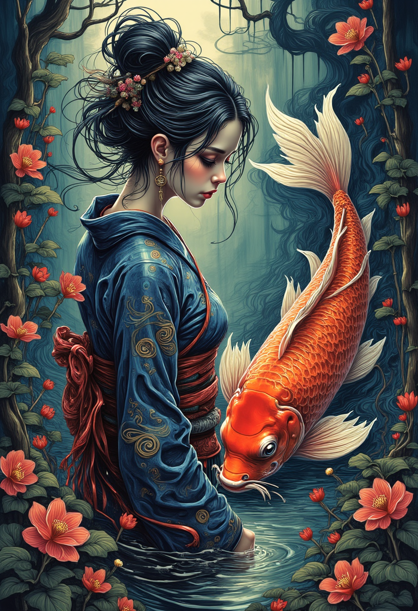 yfg-liqd, Fantasy illustration featuring a person in traditional Japanese attire with a large koi fish with intricate textures and vibrant colors. The scene should include a rich variety of elements, each contributing to the overall atmosphere. Lighting should be soft, diffused, and natural, enhancing the depth and realism of the scene. The mood is to be calm yet vibrant, creating a sense of serenity and wonder. Every detail in the scene should be meticulously rendered, emphasizing the contrast between light and shadow, and capturing the fine textures and subtle gradients. The color palette should be carefully chosen to evoke emotion, with each hue enhancing the aesthetic appeal of the overall composition. The final image should be immersive and captivating, drawing the viewer into its intricately detailed world.