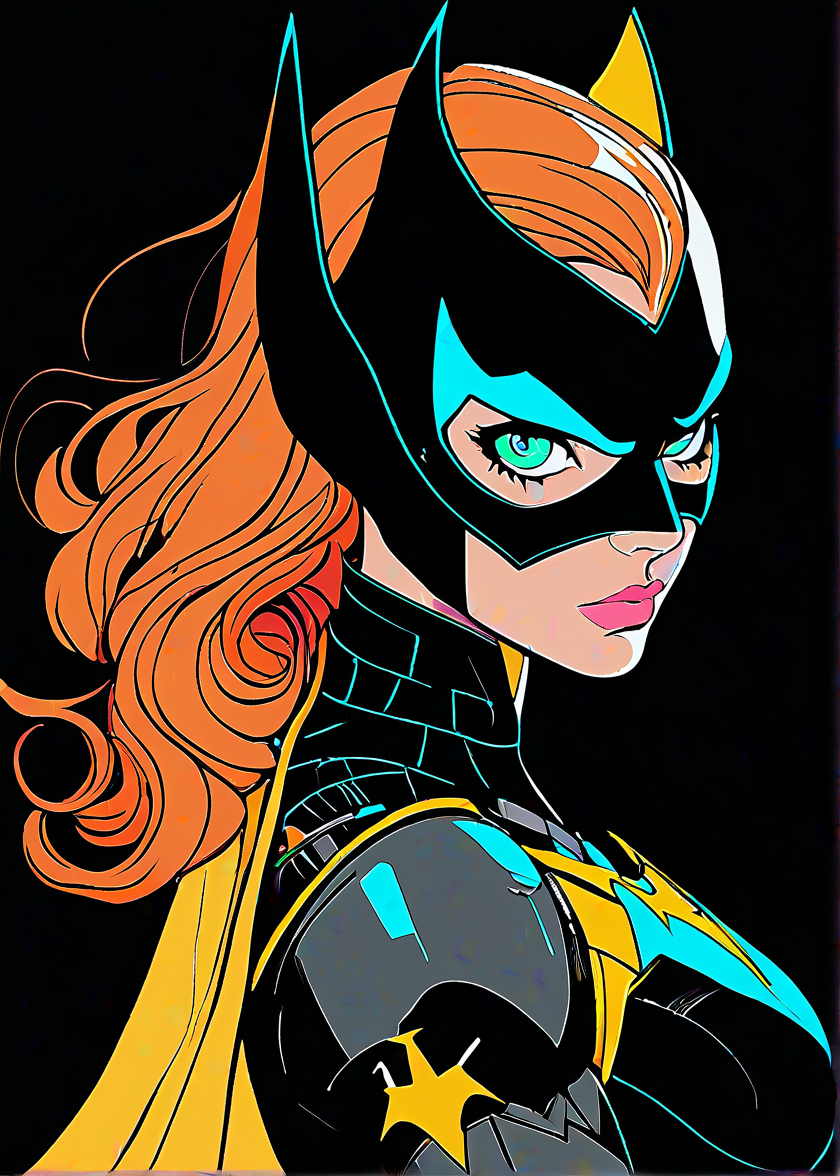 masterpiece, best quality, batgirl, solo, futuristic, intricate, over the shoulder, looking at viewer, black background, simple background, glow in the dark, sci-fi, multicolored hair, aqua eyes, warrior