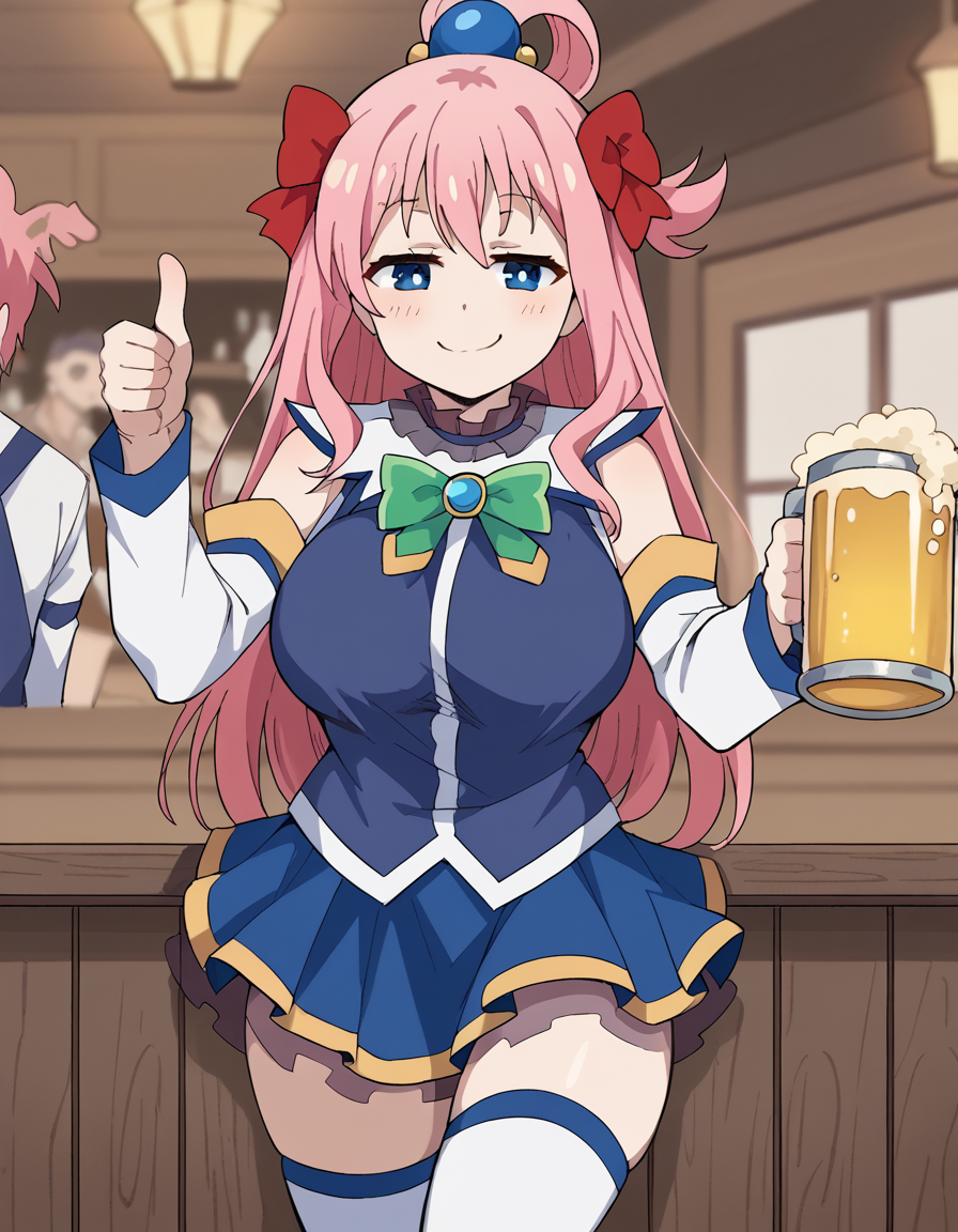 score_9, score_8_up, score_7_up, source_anime, nodokaharamura, <lora:nodoka-haramura-s1-ponyxl-lora-nochekaiser:1>, nodoka haramura, blue eyes, hair bow, long hair, pink hair, bow, large breasts,, <lora:aqua-cosplay-ponyxl-lora-nochekaiser:1>, aqua cosplay, aqua (konosuba) (cosplay), skirt, shirt, thighhighs, bare shoulders, detached sleeves, white thighhighs, blue skirt, blue shirt, green bow,, bar, beer, beer mug, thumbs up, smile, smug, holding beer mug,,