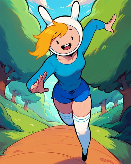 score_9_up, score_8_up, 1girl, solo, Fionna, blue shirt, thighhighs, long sleeve shirt, collarbone, blue mini shorts, looking at viewer, happy, smile, buck teeth, running, dynamic pose, dynamic angle, outdoors, <lora:Fionna_PDXL_V1.1:1>