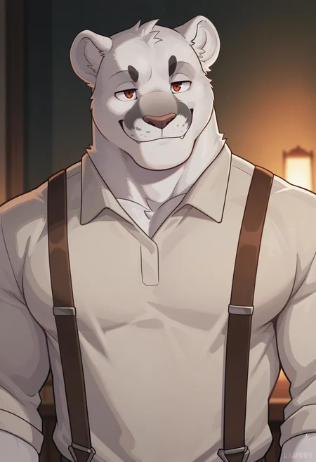 masterpiece, best quality, amazing quality, solo, 1boy, SamuelSR, Suspenders, shirt, smile, close-up