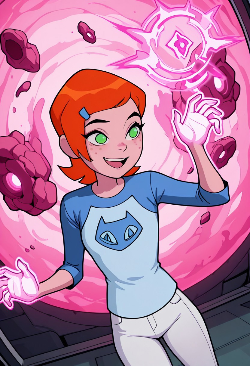 ((screencap, cartoon)) , masterpiece, best quality, amazing quality, very aesthetic, absurdres, newest,
gwenov, orange hair, 1girl, green eyes,,  freckles, 
white pants, blue shirt, raglan sleeves, short hair, hairclip
magic powers, pink powers, pink constructs, smile, loungint, floating food, open mouth, glowing hands,