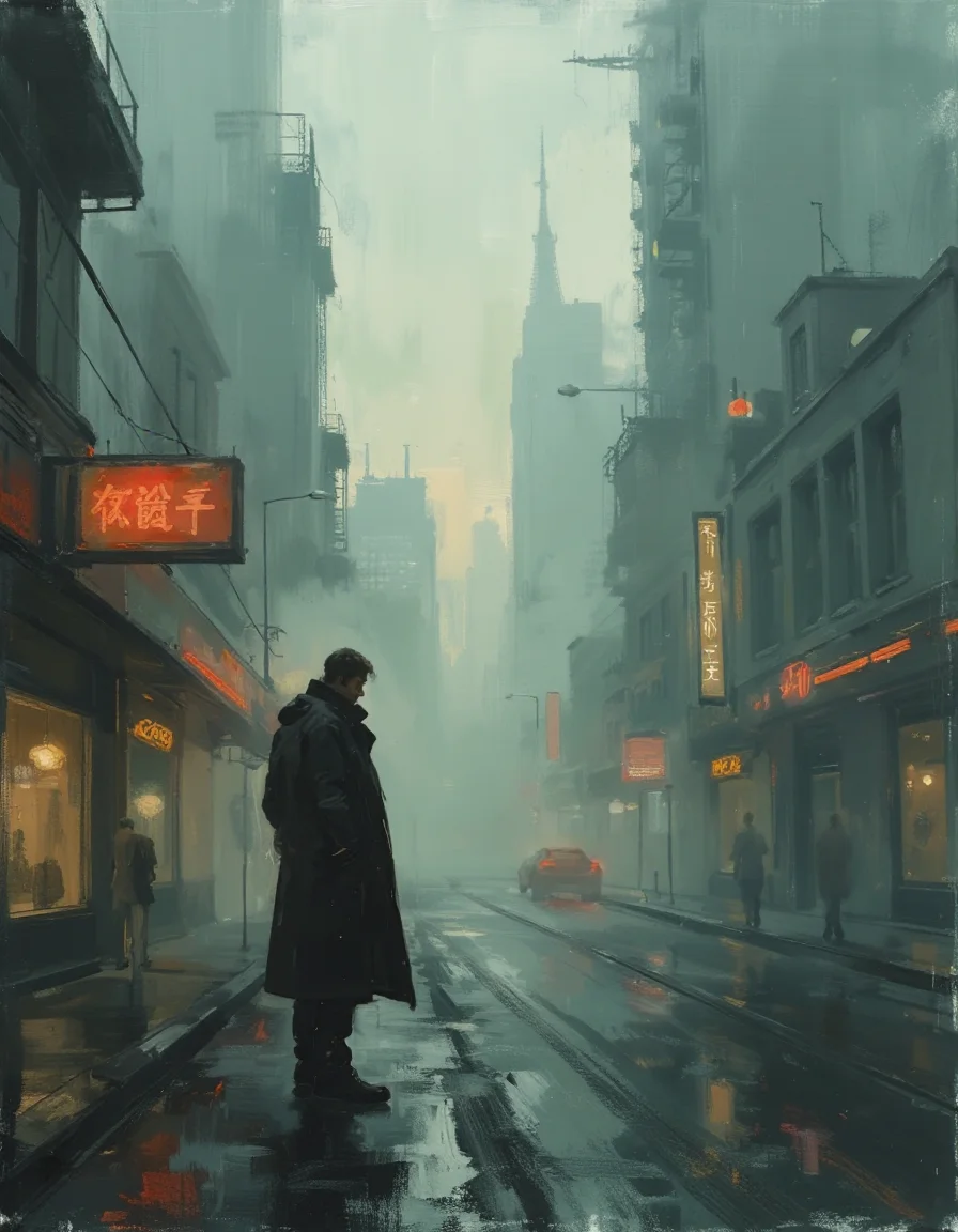 sci-fi brutalist architecture shrouded in mist and fog, obscured neon lights, wet roads, and a closeup of a tall thin man in long coat amidst a vast city at sunrise through mist and smoke