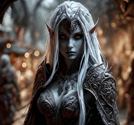 RAW photo, (masterpiece:1.3), subsurface scattering, heavy shadow, (high quality:1.4), (intricate, high detail:1.2), professional photography, HDR, High Dynamic Range, realistic, ultra realistic, photorealistic, high resolution, film photography, ambient lighting, atmospheric effects, <lora:detail_slider_v4:2>, OverallDetail, a beautiful female drow warrior, DarkElves, wearing intricate robes, in a marketplace in a drow city, <lora:DarkElves-10:0.8>, ((perfect hands)), <lora:Drow:1>, epiCPhoto,