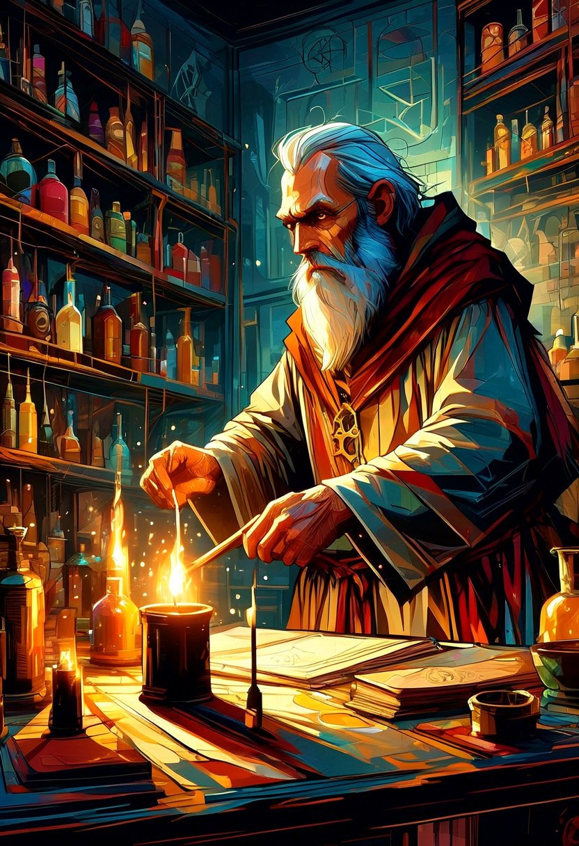 An elderly alchemist with a long white beard and tattered robes mixes potions in a candle-lit laboratory. Shelves of strange ingredients, bubbling cauldrons, mystical symbols, parchment scrolls, extreme close-up, portrait, warm, golden light.