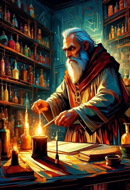 An elderly alchemist with a long white beard and tattered robes mixes potions in a candle-lit laboratory. Shelves of strange ingredients, bubbling cauldrons, mystical symbols, parchment scrolls, extreme close-up, portrait, warm, golden light.