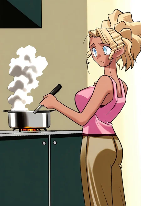 masterpiece, best quality, <lora:Tsukihime NXL:1>,solo,<lora:Mihoshi(Illust)V4_epoch_10:0.99> kuramitsu_mihoshi, huge breasts, dark skin, blonde hair, blue eyes, pink tank_top, brown pants, khaki pants,ponytail, wavy hair, masterpiece,best quality,absurdres, amazing quality, kitchen, cooking, comedy, confused, small mouth, cute, kitchen fire, smoke
