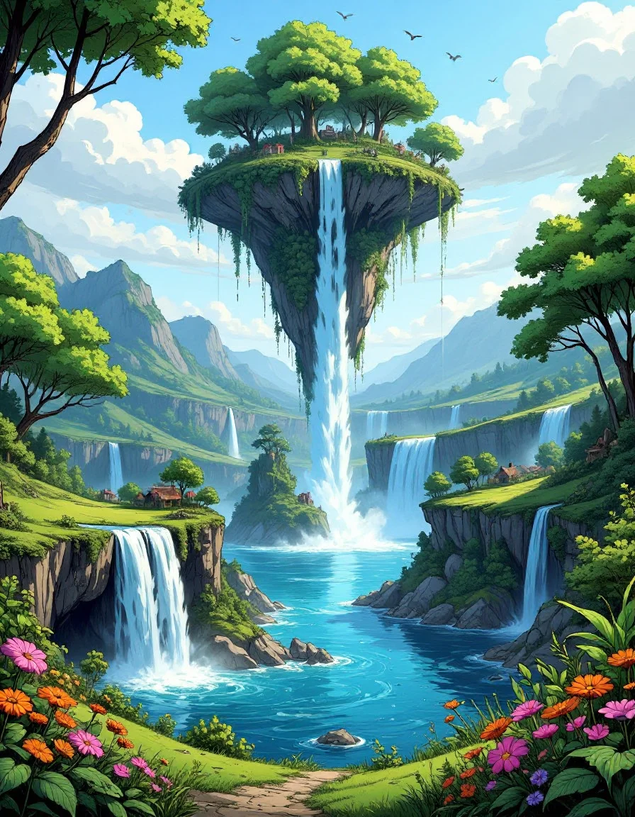 Waterfalls pouring down from floating islands. The magical islands are in the sky hovering and floating impossibly above a lush wild fantasy land of forests and lakes and rolling hills of wildflowers