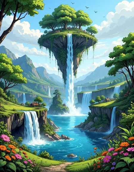 Waterfalls pouring down from floating islands. The magical islands are in the sky hovering and floating impossibly above a lush wild fantasy land of forests and lakes and rolling hills of wildflowers