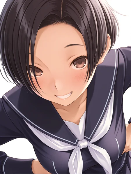 masterpiece,best quality,newest,1girl,solo,
<lora:kobayakawa_rinko_ilxl_v1:1>,k_rinko,black hair,r_b_clothes,
<lora:Fixhands_anime_bdsqlsz_V1:1>,blush,simple background,white background,looking_at_viewer,big breasts,hands_on_hips,grin,upper_body,
