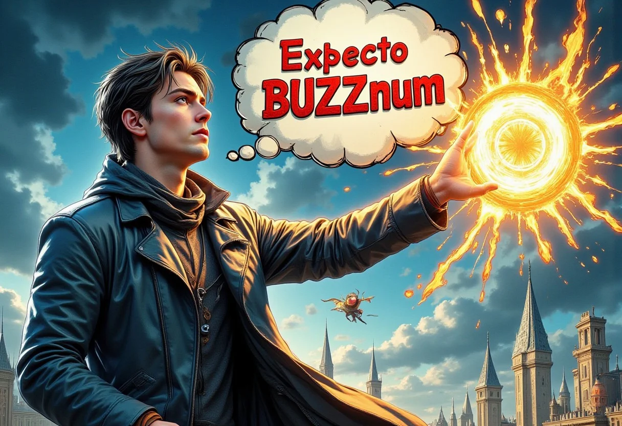 Рarry Зotter casts a summoning BUZZ spell, the spell looks like Expecto Patronum. his thoughts are shown on a cloud like in a comic book, the inscription on the cloud is "Expecto BUZZnum", comic book style,. aidmatextimprover