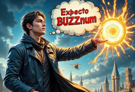 Рarry Зotter casts a summoning BUZZ spell, the spell looks like Expecto Patronum. his thoughts are shown on a cloud like in a comic book, the inscription on the cloud is "Expecto BUZZnum", comic book style,. aidmatextimprover