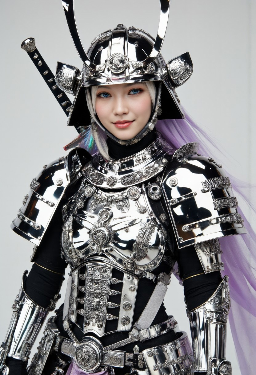 a high-fashion Face CloseUp of a shyly laughing White ciri with fair skin and delicate freckles. She wears an elaborate, futuristic armor inspired by the Japanese Edo period and Warhammer aesthetics. Her bright blue eyes peek out beneath an oversized kabuto-style helmet. The armor is crafted from an intensely reflective, mirror-like silver material, so polished that it catches and mirrors everything around her, creating an almost blinding effect with every movement.
The helmet gleams with a flawless shine, its dragon-like crest reflecting the light in striking patterns Like the chainsword SHe holds. The armor’s silver plates are highly reflective, amplifying the surroundings as they curve around her body, making her appear as though she's wearing pure, polished glass that constantly shifts with light and shadow.
Behind her, a translucent cape flows in the wind, glowing with soft, rainbow-like colors that shimmer and change. The ethereal, prismatic hues dance as the cape moves, adding a magical, surreal quality to her powerful yet approachable presence. The contrast between the brilliant silver of her armor and the softly glowing cape gives her an otherworldly, almost celestial appearance.
Set against a simple light gray background, the bright reflections of the armor and the glowing colors of the cape create a captivating balance, allowing her mighty sword to shine through amidst the dazzling display of light and color.