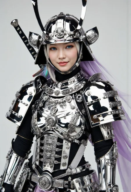 a high-fashion Face CloseUp of a shyly laughing White ciri with fair skin and delicate freckles. She wears an elaborate, futuristic armor inspired by the Japanese Edo period and Warhammer aesthetics. Her bright blue eyes peek out beneath an oversized kabuto-style helmet. The armor is crafted from an intensely reflective, mirror-like silver material, so polished that it catches and mirrors everything around her, creating an almost blinding effect with every movement.
The helmet gleams with a flawless shine, its dragon-like crest reflecting the light in striking patterns Like the chainsword SHe holds. The armor’s silver plates are highly reflective, amplifying the surroundings as they curve around her body, making her appear as though she's wearing pure, polished glass that constantly shifts with light and shadow.
Behind her, a translucent cape flows in the wind, glowing with soft, rainbow-like colors that shimmer and change. The ethereal, prismatic hues dance as the cape moves, adding a magical, surreal quality to her powerful yet approachable presence. The contrast between the brilliant silver of her armor and the softly glowing cape gives her an otherworldly, almost celestial appearance.
Set against a simple light gray background, the bright reflections of the armor and the glowing colors of the cape create a captivating balance, allowing her mighty sword to shine through amidst the dazzling display of light and color.