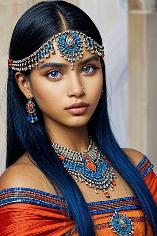 close-up photographic portrait of woman with strikingly vibrant blue-silver eyes. Supe shoulders showing. The face should, intricate, tribal-inspired art, patterns, reminiscent of beadwork and ceremonial embellishments, scheme, rich reds, oranges, blues --ar 2:3