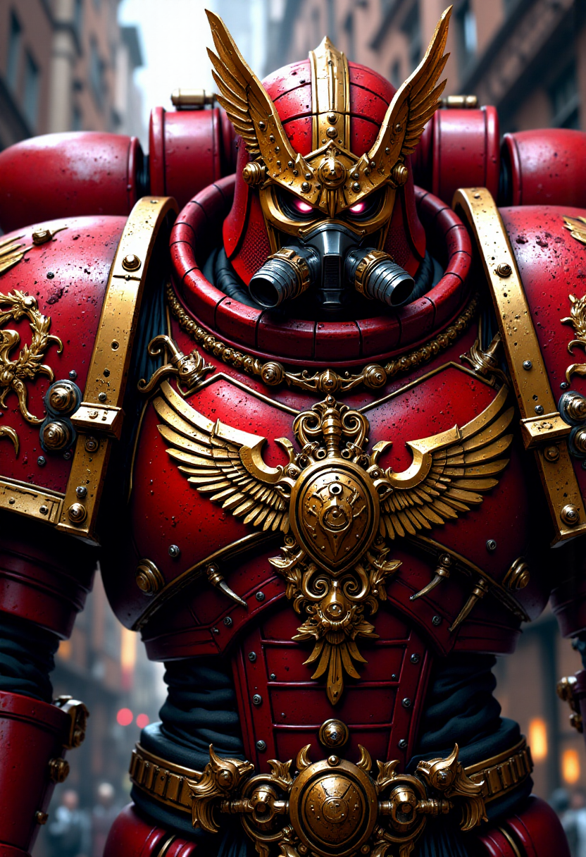 mythp0rt, A fiercely heroic Blood Angels space marine primarch from the world of Warhammer 40k, adorned with a menacing gasmask. His battle-worn armor shimmers with metallic reds and gleaming gold accents, showcasing intricate details of angelic motifs. The vivid image, reminiscent of a stunning digital illustration, captures the primarch's imposing stature and powerful presence. Every line and curve of his form exudes strength and nobility, drawing the viewer into a thrilling sci-fi saga of epic proportions.
<lora:FluxMythP0rtr4itStyle:1>