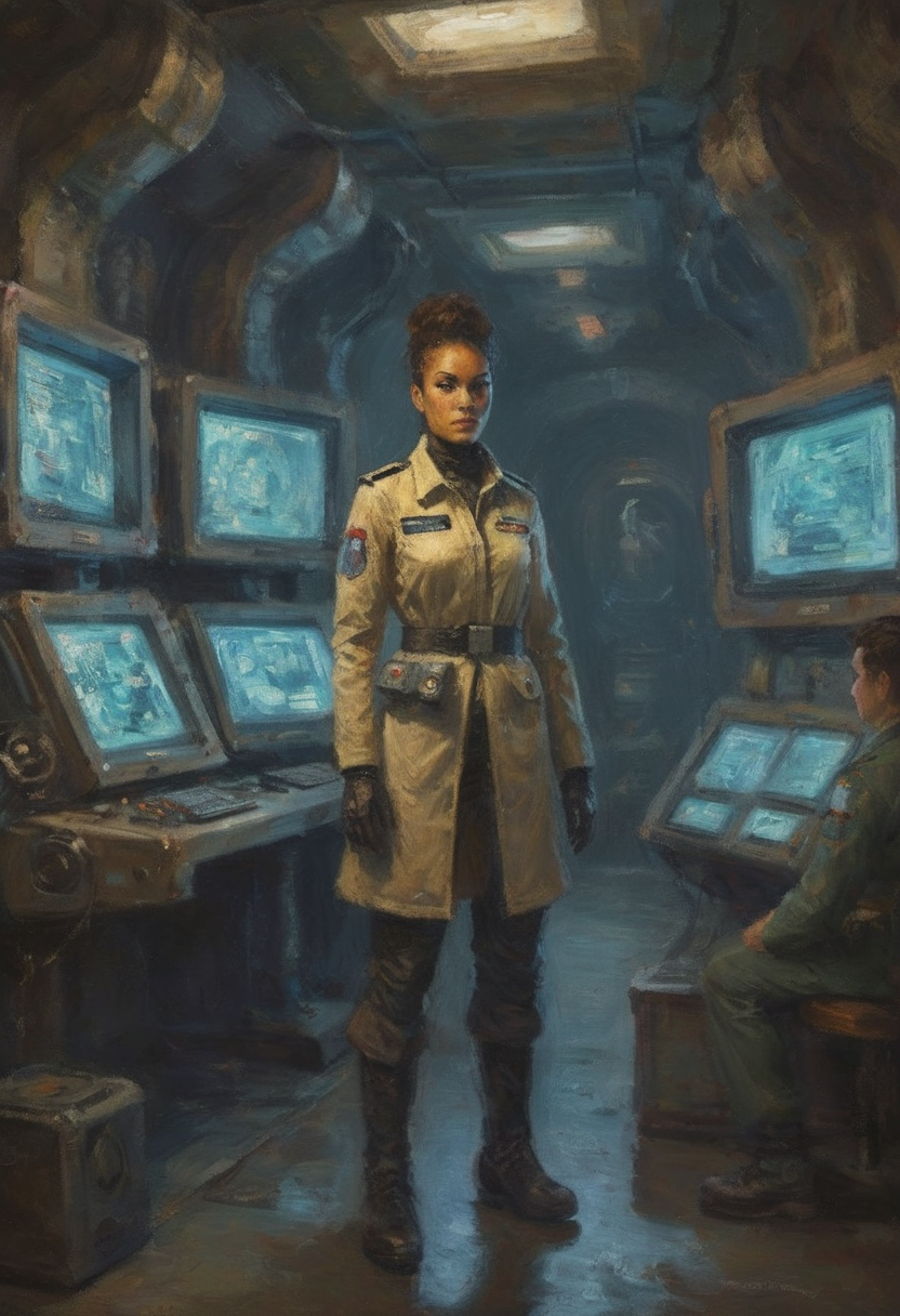 impressionist painting portrait of a sci-fi hero Commander Bria Ursan in an underground bunker with glowing monitors and analog switches and metal baroque machinery with a multi-ethnic team of soldiers and scientists