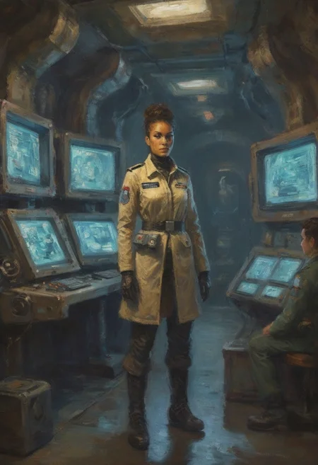 impressionist painting portrait of a sci-fi hero Commander Bria Ursan in an underground bunker with glowing monitors and analog switches and metal baroque machinery with a multi-ethnic team of soldiers and scientists