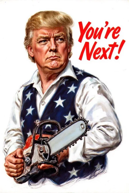 jamesmontgomeryflagg1 illustration.
WW2 Poster. Closeup of Donald Trump, wears a white shirt and a vest adorned with stars,s. He is holding a chainsaw. The background is plain white. To the right of the person, bold red text reads "You're Next!" <lora:jamesmontgomeryflagg1_cap_d8a4e12:1.0><lora:859150295567976002:0>