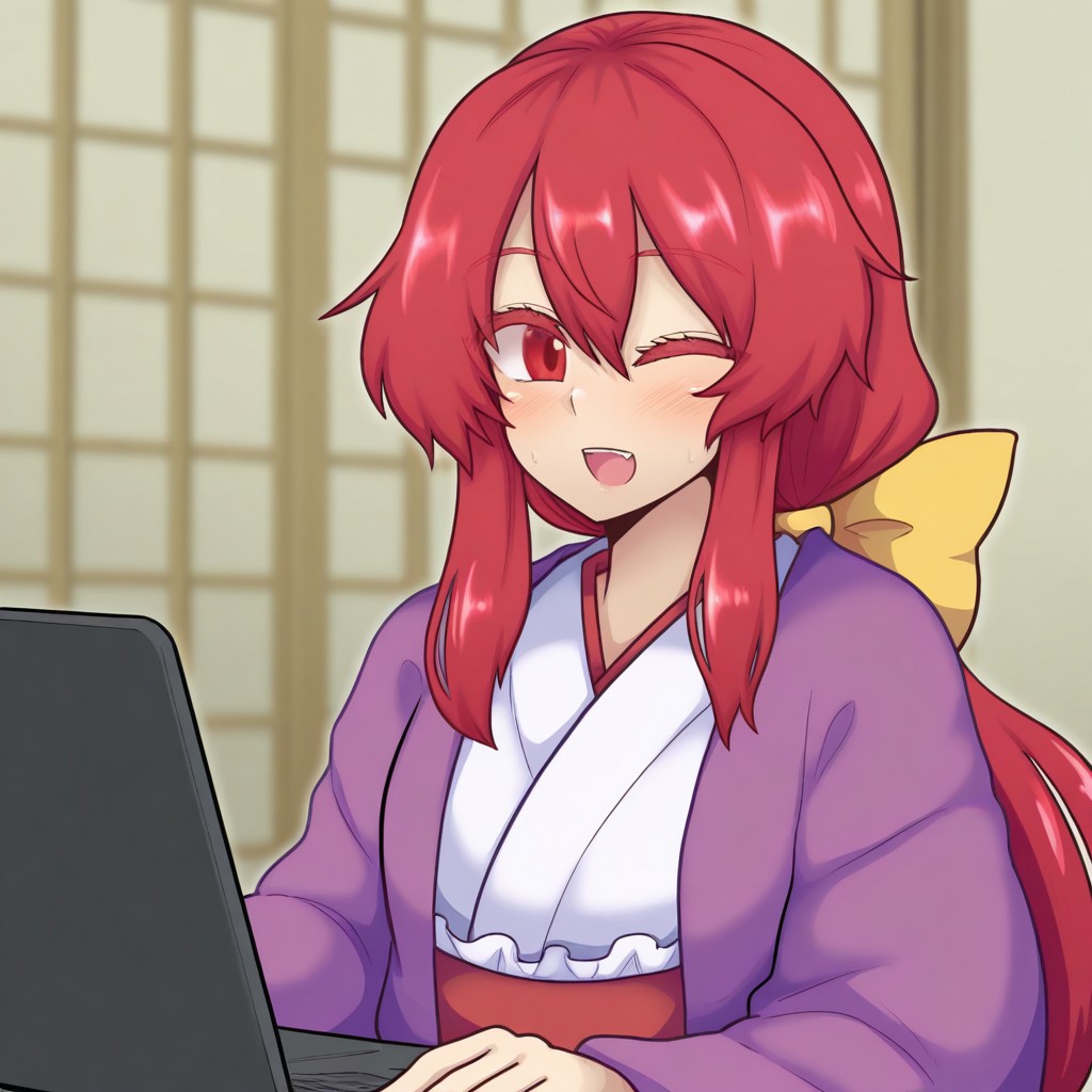 black-burakku, masterpiece,best quality,amazing quality, BREAK, (1girl),  kotohime (touhou), long hair, red hair, hair between eyes, bangs, sidelocks, low ponytail, hair bow, yellow bow, red eyes, japanese clothes, purple coat, white kimono, red obi, laptop, wink,
