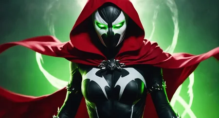 concept art of (Cinematic Film stock footage style) in (arri alexa style) (Kodak film print style),
<lora:Spawn:1>
Spawn a woman in a living symbiotic costume with a red cape and a black and white mask and green glowing eyes, digital artwork, illustrative, painterly, matte painting, highly detailed