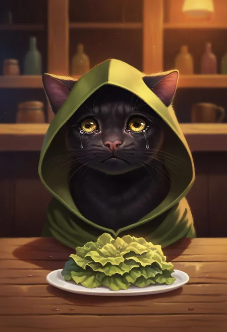 score_8_up, score_7_up, score_6_up, score_5_up,
solo, cat, black fur, panther, yellow eyes, tears, detailed eyes, rogue outfit, hood, inside a tavern, empty plate, lettuce leaf,
sad cat meme, pikaole, cute, bokeh