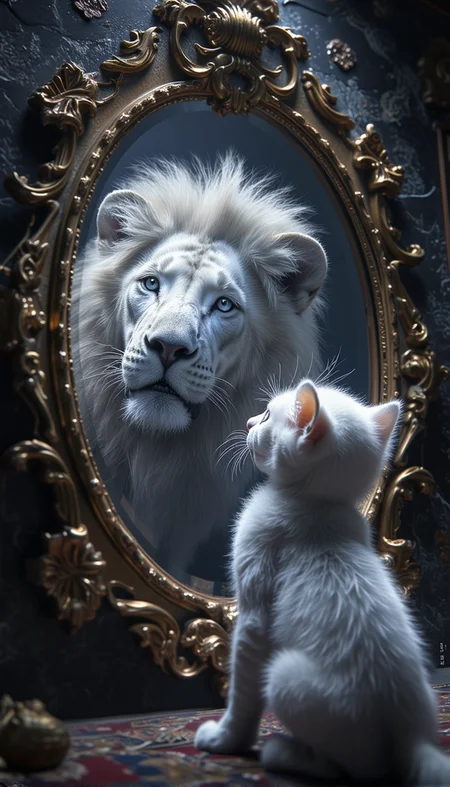 anhei,This is a highly detailed digital artwork in a dark fantasy style,A cute white kitten looks in the mirror and sees an image of an elegant white lion with high resolution, high detail, realism, cinematography