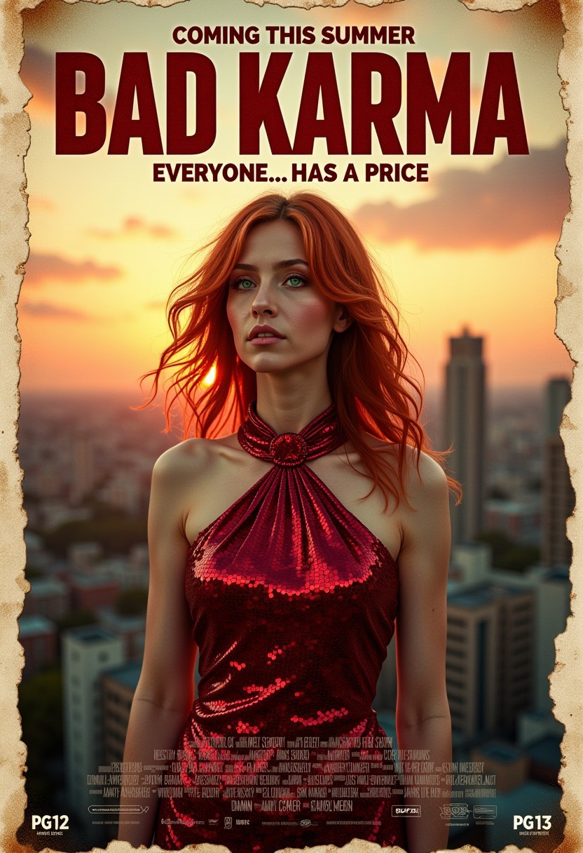 style of old movie poster. (Banner text: "BAD KARMA").
movie headline medium letters: (text: "COMING THIS SUMMER"). 
underline (text: "EVERYONE... HAS A PRICE").
cinematic poster background made of a city landscape during peaceful afternoon sunset backdrop. extremely detailed old stained paper with coffee and burn stains with creased corners and edges. bottom of poster has movie taglines with various movie style logos. small letters: (text: "IN CINEMAS"). (text:"PG-13").
oldpprCE style.
a corporate business woman is the focus of the poster. head to waist only in frame. she is wearing long ruby red sequin dress. eyes are emerald green. almost melancholic undertone. fair porcelain skin. fiery red hair with a few strands framing her face. high definition detail. relaxed shoulders. glamorous women art. photo-realistic. featuring woman with striking pose. giving impression of tranquility or possibly a dreamlike state. 1900s photo deep field vignette antique-style effect.