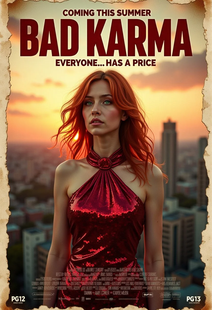 style of old movie poster. (Banner text: "BAD KARMA").
movie headline medium letters: (text: "COMING THIS SUMMER"). 
underline (text: "EVERYONE... HAS A PRICE").
cinematic poster background made of a city landscape during peaceful afternoon sunset backdrop. extremely detailed old stained paper with coffee and burn stains with creased corners and edges. bottom of poster has movie taglines with various movie style logos. small letters: (text: "IN CINEMAS"). (text:"PG-13").
oldpprCE style.
a corporate business woman is the focus of the poster. head to waist only in frame. she is wearing long ruby red sequin dress. eyes are emerald green. almost melancholic undertone. fair porcelain skin. fiery red hair with a few strands framing her face. high definition detail. relaxed shoulders. glamorous women art. photo-realistic. featuring woman with striking pose. giving impression of tranquility or possibly a dreamlike state. 1900s photo deep field vignette antique-style effect.
