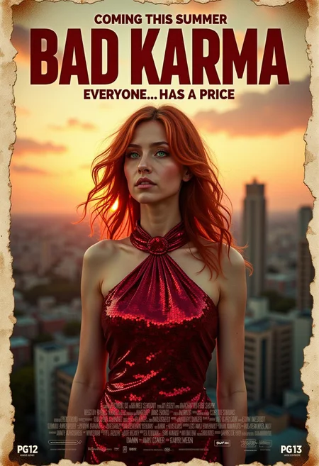 style of old movie poster. (Banner text: "BAD KARMA").
movie headline medium letters: (text: "COMING THIS SUMMER").
underline (text: "EVERYONE... HAS A PRICE").
cinematic poster background made of a city landscape during peaceful afternoon sunset backdrop. extremely detailed old stained paper with coffee and burn stains with creased corners and edges. bottom of poster has movie taglines with various movie style logos. small letters: (text: "IN CINEMAS"). (text:"PG-13").
oldpprCE style.
a corporate business woman is the focus of the poster. head to waist only in frame. she is wearing long ruby red sequin dress. eyes are emerald green. almost melancholic undertone. fair porcelain skin. fiery red hair with a few strands framing her face. high definition detail. relaxed shoulders. glamorous women art. photo-realistic. featuring woman with striking pose. giving impression of tranquility or possibly a dreamlike state. 1900s photo deep field vignette antique-style effect.