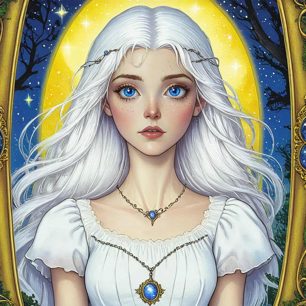<lora:Wonderland:1> ArsMJStyle, Wonderland, The image shows a woman with long white hair wearing a white dress and a necklace standing in front of a frame with trees and stars in the background., 1girl, jewelry, solo, long hair, blue eyes, white hair, necklace, freckles, moon, looking at viewer, dress, upper body, collarbone, makeup, lips
