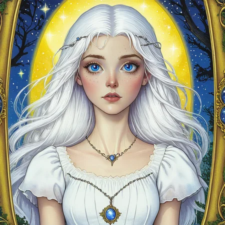 <lora:Wonderland:1> ArsMJStyle, Wonderland, The image shows a woman with long white hair wearing a white dress and a necklace standing in front of a frame with trees and stars in the background., 1girl, jewelry, solo, long hair, blue eyes, white hair, necklace, freckles, moon, looking at viewer, dress, upper body, collarbone, makeup, lips