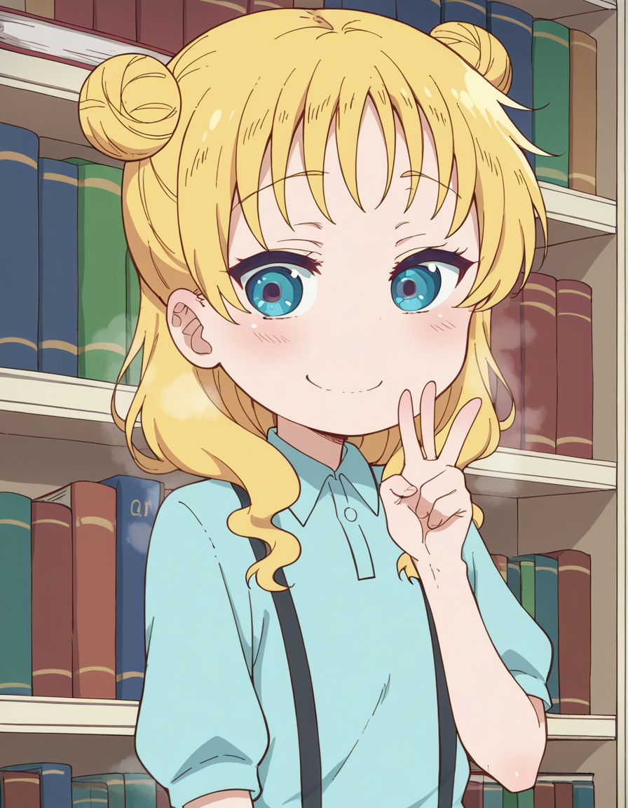 score_9, score_8_up, score_7_up, source_anime, <lora:dragon-chloe-s2-ponyxl-lora-nochekaiser:1>, chloe, blue eyes, blonde hair, hair bun, double bun, child, female child,, skirt, shirt, thighhighs, collared shirt, suspenders, blue shirt,, bookstore, browsing shelves, new book smell, finding a favorite, quiet atmosphere, , , v, v over mouth, smug,, solo,, dutch angle,