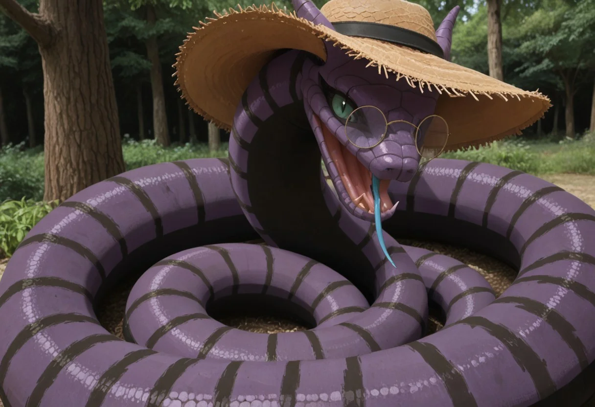Manda snake, slit pupils, green eyes, purple body, body markings, black eye markings, 2 pair of horns, black belly scales, blue tongue, forked tongue, Coiled around Tree, Leave Cape, Sun Glasses, Straw hat, Straw in mouth