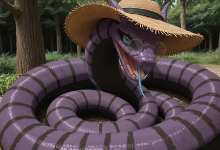Manda snake, slit pupils, green eyes, purple body, body markings, black eye markings, 2 pair of horns, black belly scales, blue tongue, forked tongue, Coiled around Tree, Leave Cape, Sun Glasses, Straw hat, Straw in mouth