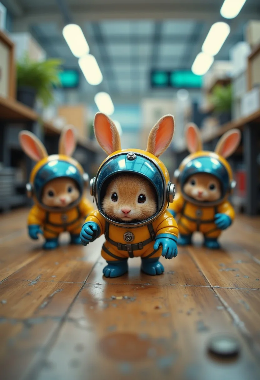a bunch of tiny micro space angry bunnies wearing yellow and blue space suit, with a round helmet with metalic rabbit ears, exploring office space, funny, playful, high-speed action shot. cinematic wide angle , raw, analog blankmj l10nhe43t