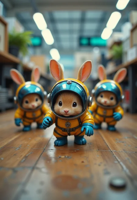 a bunch of tiny micro space angry bunnies wearing yellow and blue space suit, with a round helmet with metalic rabbit ears, exploring office space, funny, playful, high-speed action shot. cinematic wide angle , raw, analog blankmj l10nhe43t