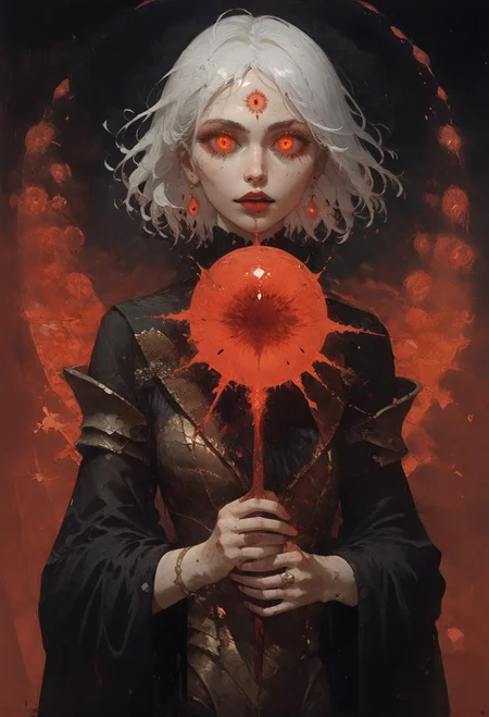 (score_9, score_8_up:1.1), score_7_up, Elegant, etheral presence, white hair, woman, solo, glowing eyes, an enigmatic aura, shadows, fiery light, dark and red ambiance, depth blur, enigmatique, mysterious, armored dress, beutifuly, curvy, dark dress, infected face <lora:Expressive_H-000001> expressiveh <lora:vixon gothic oil style:0.7> d4rk01l <lora:Gothic Art 2 Style SDXL_LoRA_Pony Diffusion V6 XL:0.5> <lora:Mon_XL:0.8>