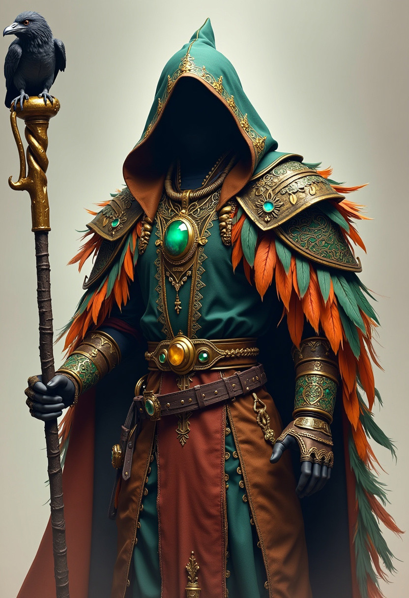 Mayan themed hooded wizard, multicolored feathered cloak, shoulder guard, green gem necklace, utility belt, gold patterns on hood, gauntlets, raven staff