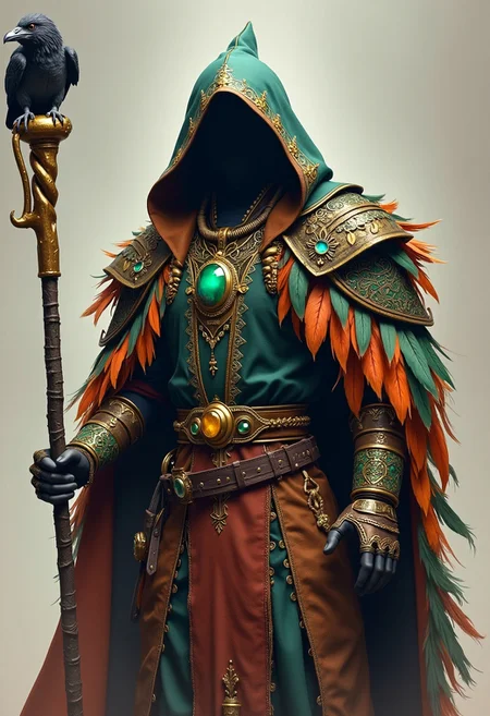 Mayan themed hooded wizard, multicolored feathered cloak, shoulder guard, green gem necklace, utility belt, gold patterns on hood, gauntlets, raven staff